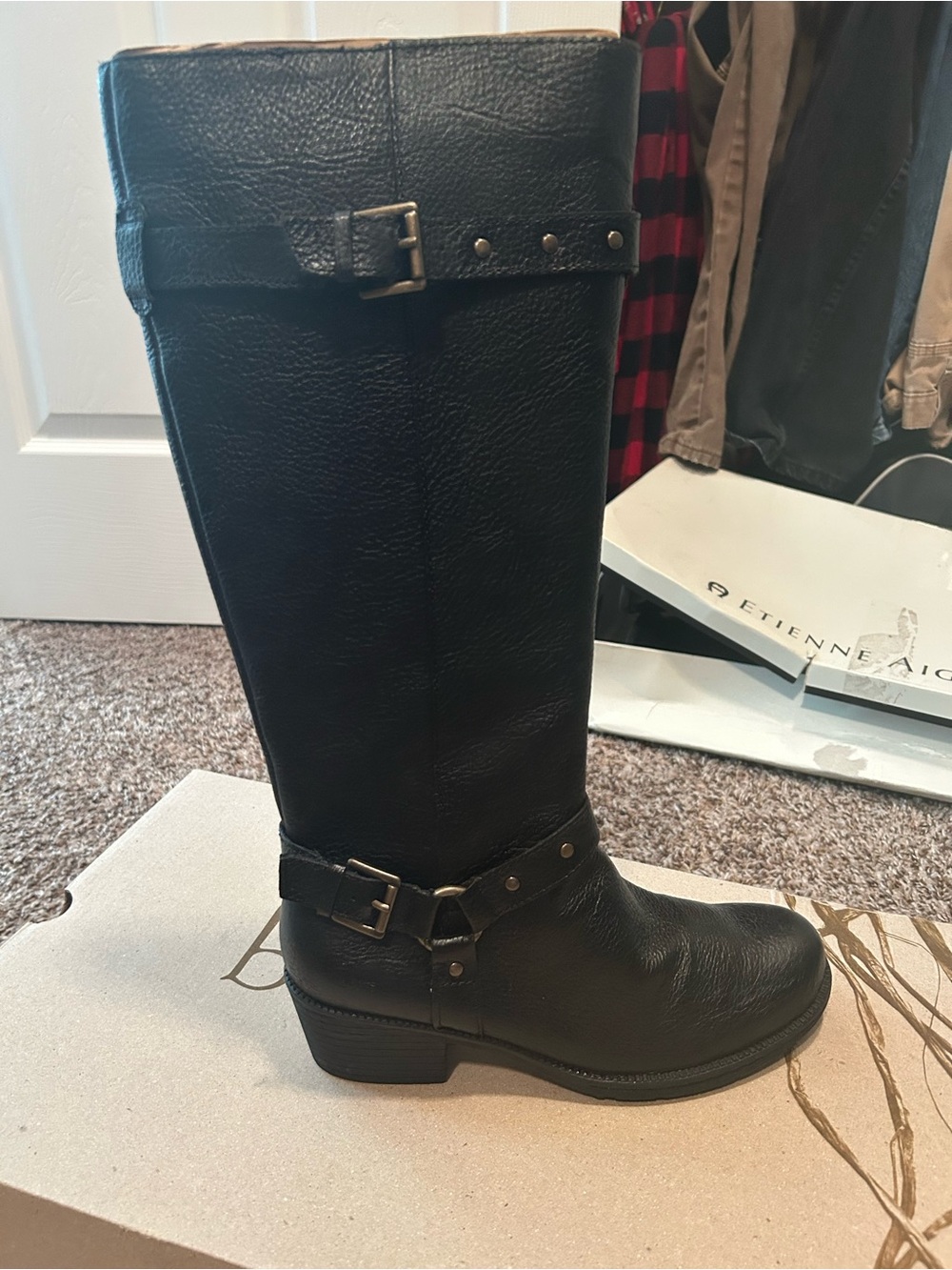 b.o.c. Black Tall Leather Winter Rain Boots with Buckle Accents